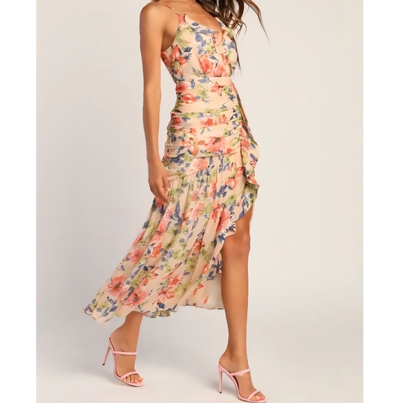 NWT Lulus | Stunning Soiree Blush Pink Floral Print Ruched Midi Dress Womens XL - Picture 2 of 10